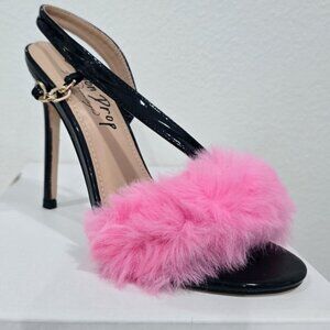Lemon Drop ✦ Lerpa Fuzzy Pink Fur Peep‑Toe Heels ✦ Black Vegan Leather 7.5 NWT